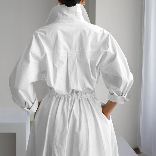 Damen nan tailliertes Hemdblusenkleid mit kastigem Kragen, mittellangen Ärmeln, Seitentaschen und ausgestelltem Tellerrock EB