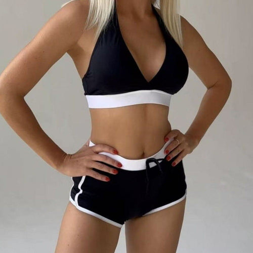 Damen Sport-Bikini-Set mit hoch geschnittenen Shorts und verstellbarem Oberteil EB