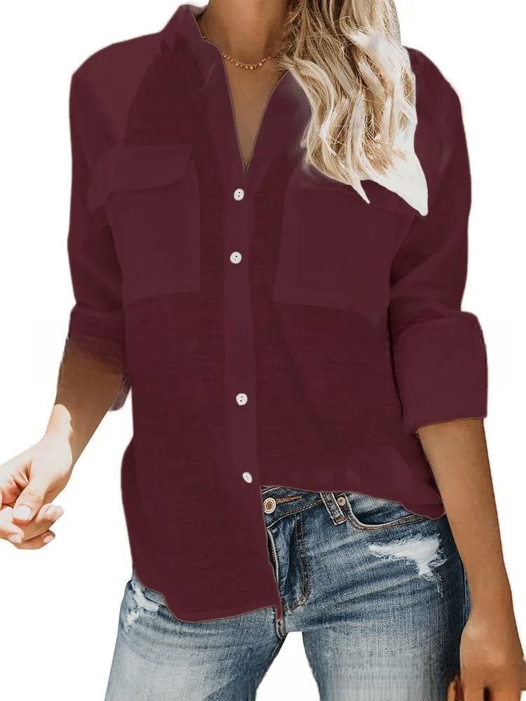 Damen leichte Sommerbluse mit zwei Brusttaschen und aufgerollten Ärmeln EB