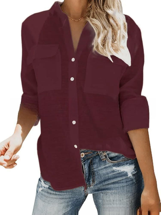 Damen leichte Sommerbluse mit zwei Brusttaschen und aufgerollten Ärmeln EB