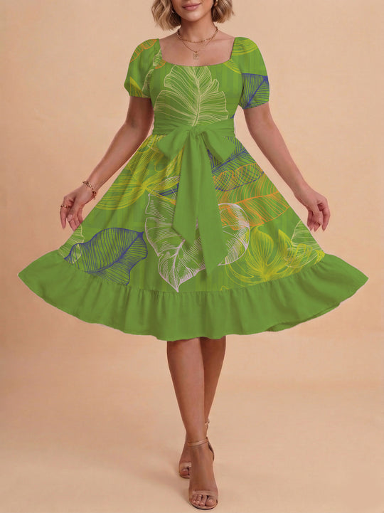 Damen A-Linien-Kleid mit floralen Motiven und taillierbarem Gürtel EB