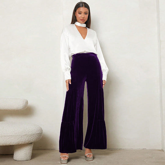 Damen Weit geschnittene Plüsch-Hose mit Falten und hohem Bund EB