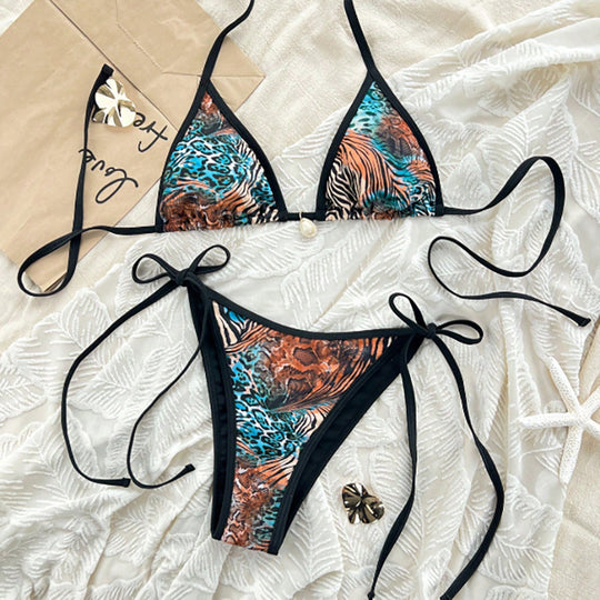Damen Triangel-Bikini mit animalischem Muster und seitlichen Krawatten EB