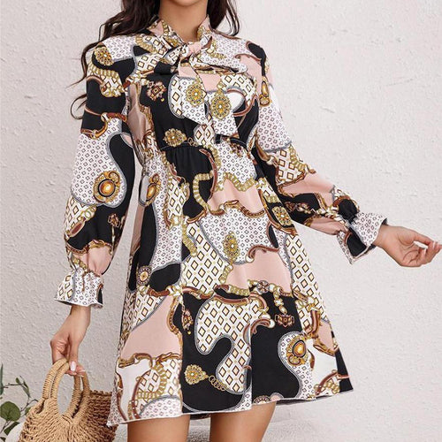 Damen Kurzärmeliges Kleid mit Bogenkragen und Bindegürtel EB