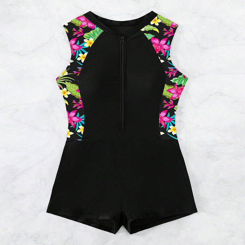 Damen Sportlicher Ganzkörperbadeanzug mit floralem Design EB