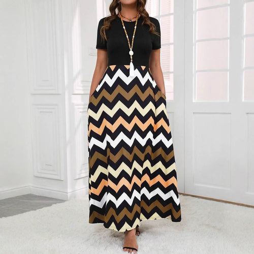 Damen Maxikleid mit auffälligem Zickzackmuster und elegantem Schnitt EB
