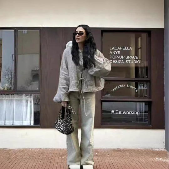 Damen leicht gefütterte Knitjacke mit Kordelzug und weiten Ärmeln EB