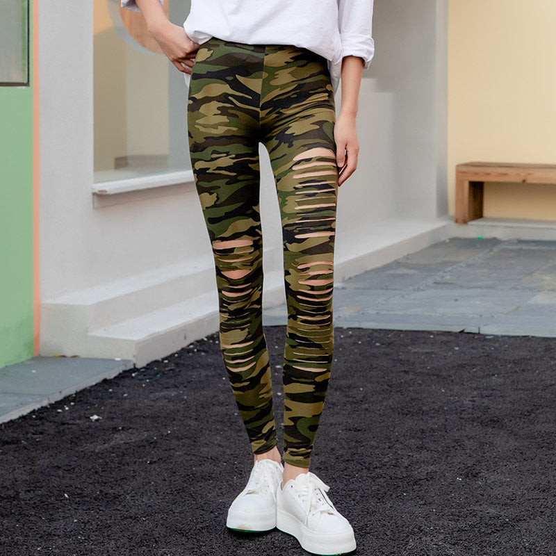 Damen Sport-Leggings mit Camouflage-Muster und Schnitt-Details EB