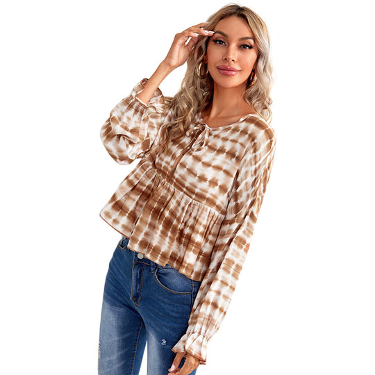 Damen luftiges Peplum-Blusenshirt mit Batikmuster, Kordel‑Neckline und gerafften Ärmeln Eichborn Berlin
