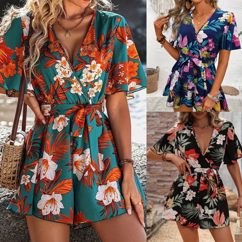 Damen Jumpsuit mit floralem Design und weiten Ärmeln EB