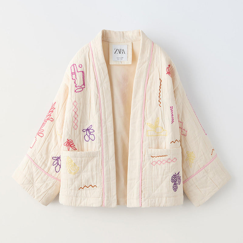 Damen Modische Kimono-Jacke mit bunten Stickdetails und Taschen EB