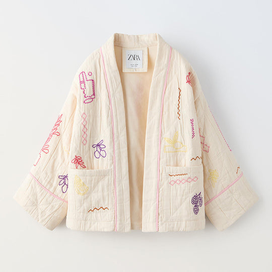 Damen Modische Kimono-Jacke mit bunten Stickdetails und Taschen EB