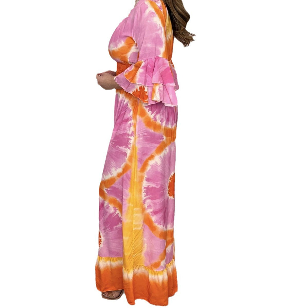 Damen Maxikleid mit asymmetrischen Ärmeln und einzigartigem Batik-Design EB