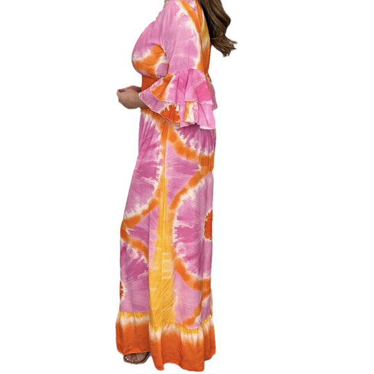 Damen Maxikleid mit asymmetrischen Ärmeln und einzigartigem Batik-Design EB