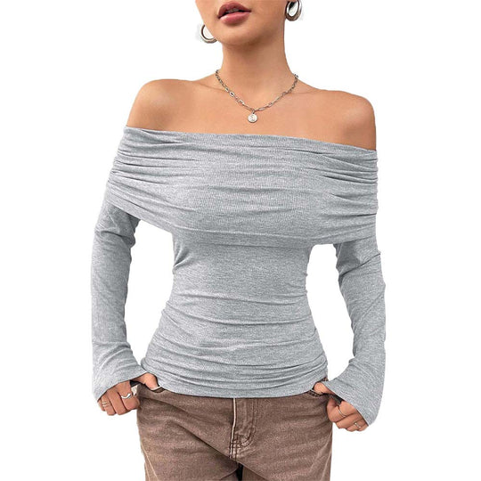 Damen eng anliegendes Off-Shoulder Rippstrick-Longsleeve mit gerafftem Wasserfall-Ausschnitt und Daumenloch Eichborn Berlin