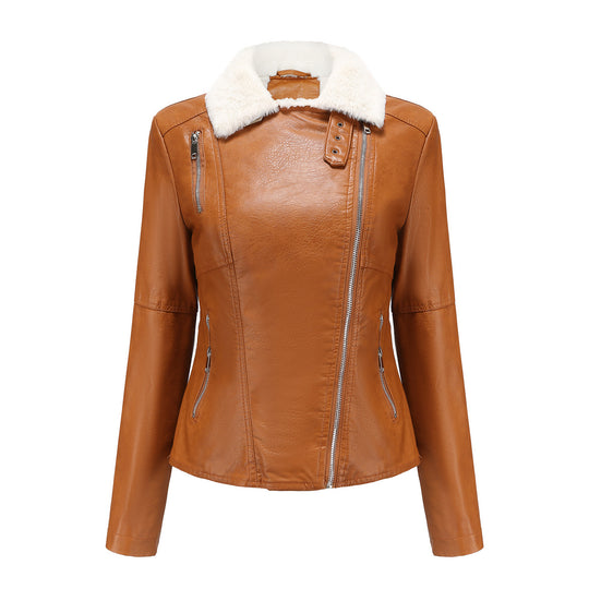 Damen nan taillierte Kunstleder-Bikerjacke mit abnehmbarem Kunstfellkragen und schrägem Reißverschluss EB