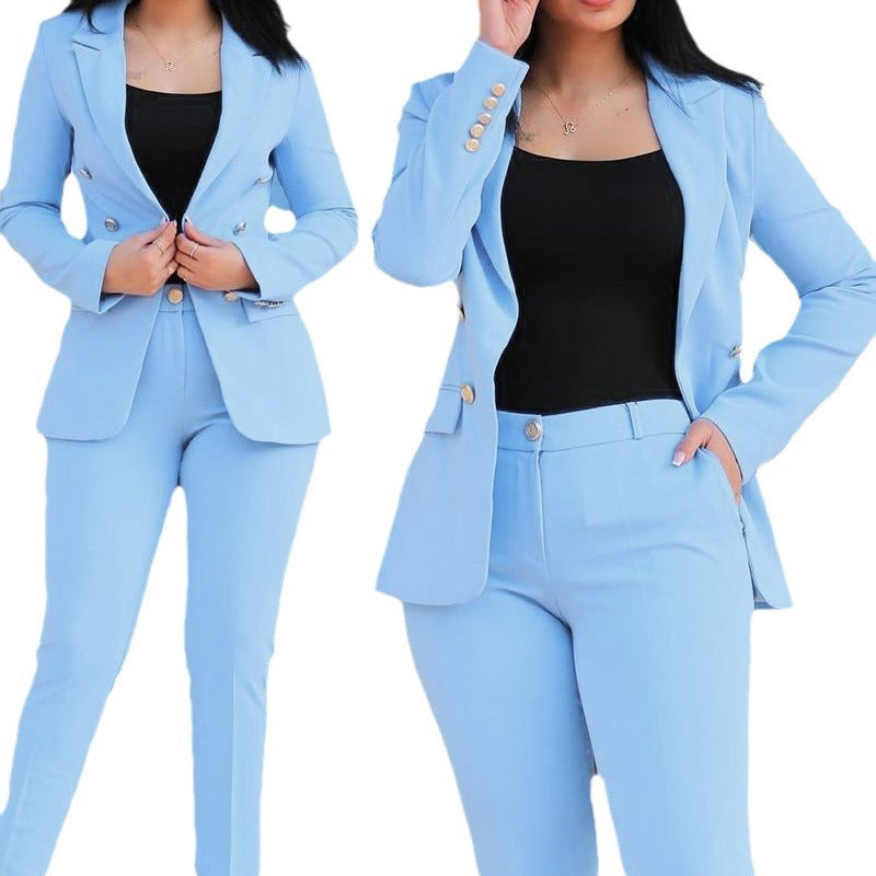 Damen nan tailliertes Business-Hosenanzug-Set mit doppelreihigem Reversblazer und schmal zulaufender Bundhose EB