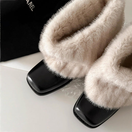 Damen Elegante Stiefeletten mit luxuriösem Kunstfellkragen und bequemem Blockabsatz EB