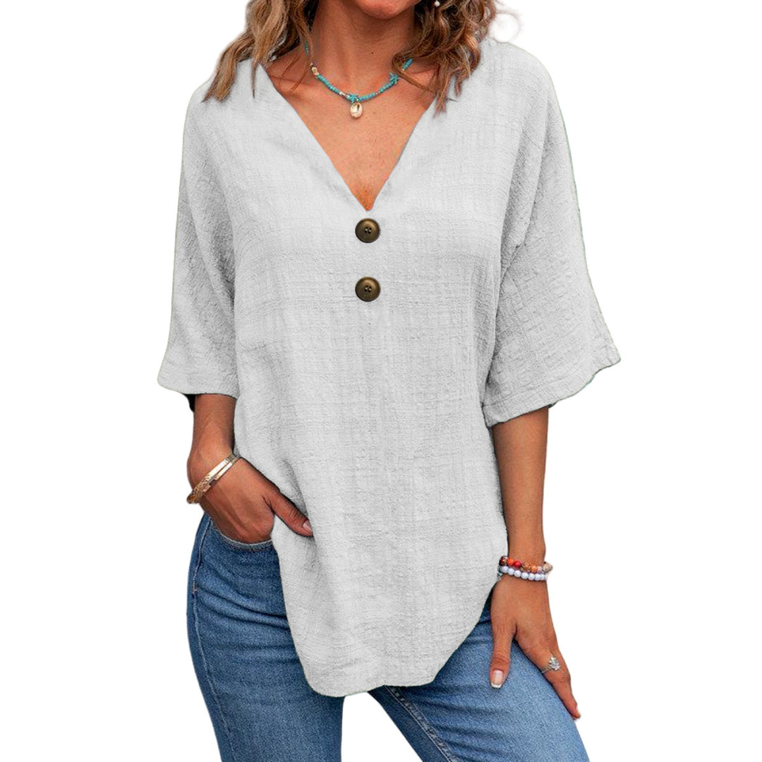 Damen V-Ausschnitt Bluse mit dekorativen Knöpfen und lässigem Schnitt EB