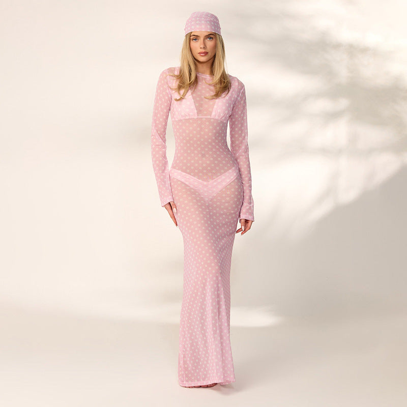 Damen transparentes Langarmkleid mit modischem Punktmuster EB