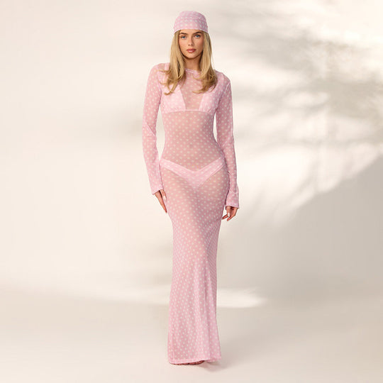 Damen transparentes Langarmkleid mit modischem Punktmuster EB