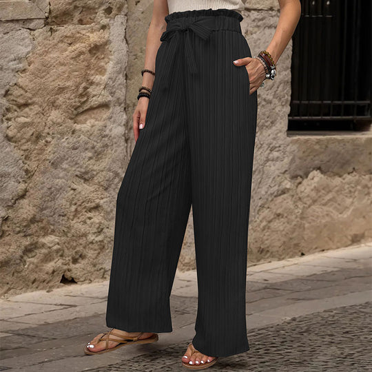 Damen Weite Plissee-Hose mit Paperbag-Bund und Taillenbindegürtel EB