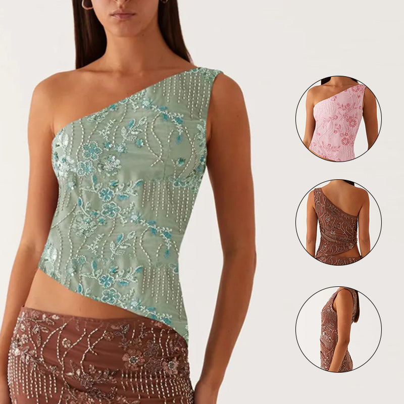 Damen asymmetrisches Oberteil mit floralem Strassdesign EB