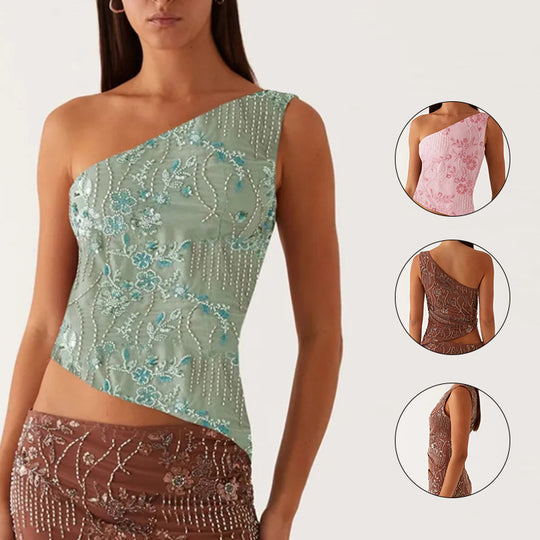 Damen asymmetrisches Oberteil mit floralem Strassdesign EB