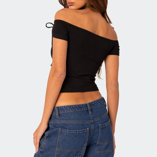 Damen raffiniertes Off-Shoulder T-Shirt mit eleganten Bindebändern EB