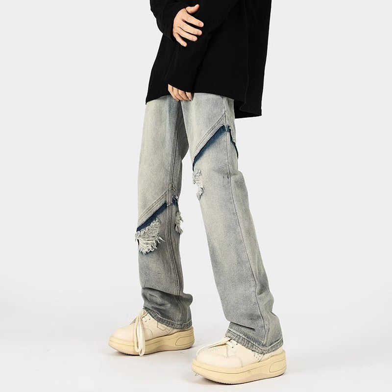 Herren modische Ripped Denim-Jeans im lässigen Schnitt mit asymmetrischem Design EB