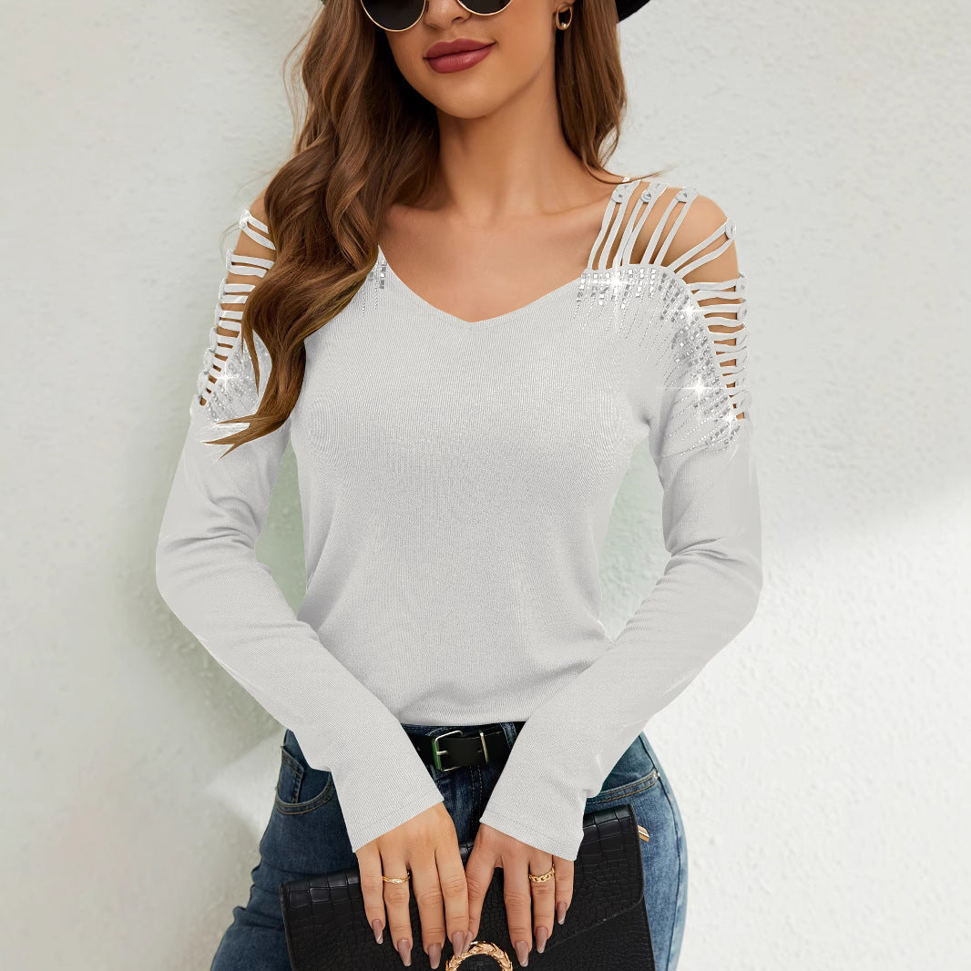 Damen Langarmshirt mit offenen Schultern und Strassverzierung EB