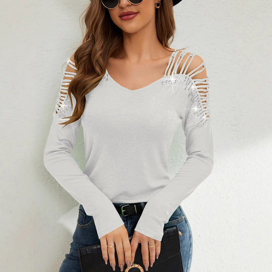 Damen Elegante Shirt mit kühlem Cut-Out und funkelnden Applikationen EB