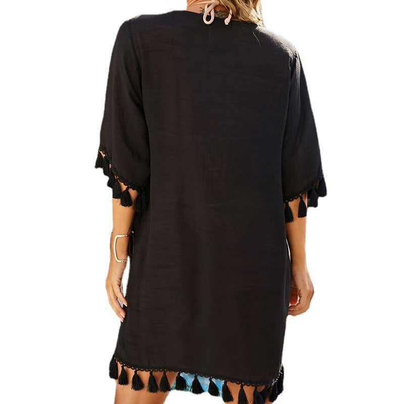 Damen elegante Strandtunika mit fransigen Details EB