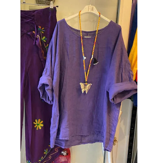Damen Lockere Leinenbluse mit lässigem Schnitt und Rollärmeln EB