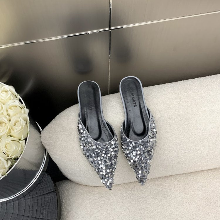 Damen elegante Mules mit glamourösem Paillettenbesatz EB