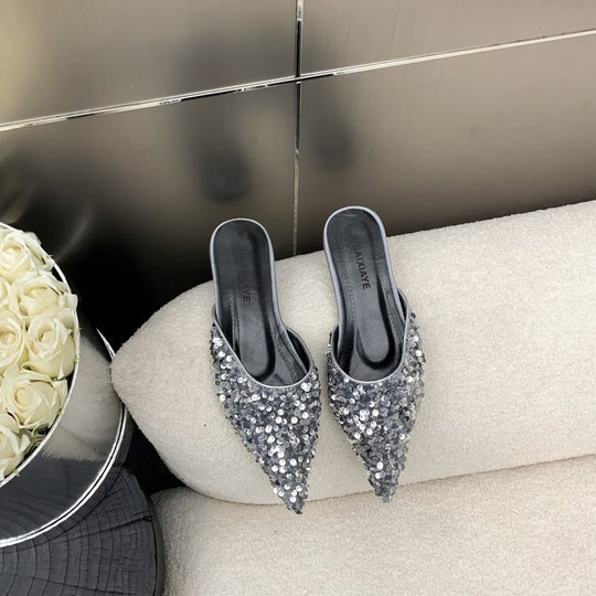 Damen elegante Mules mit glamourösem Paillettenbesatz EB