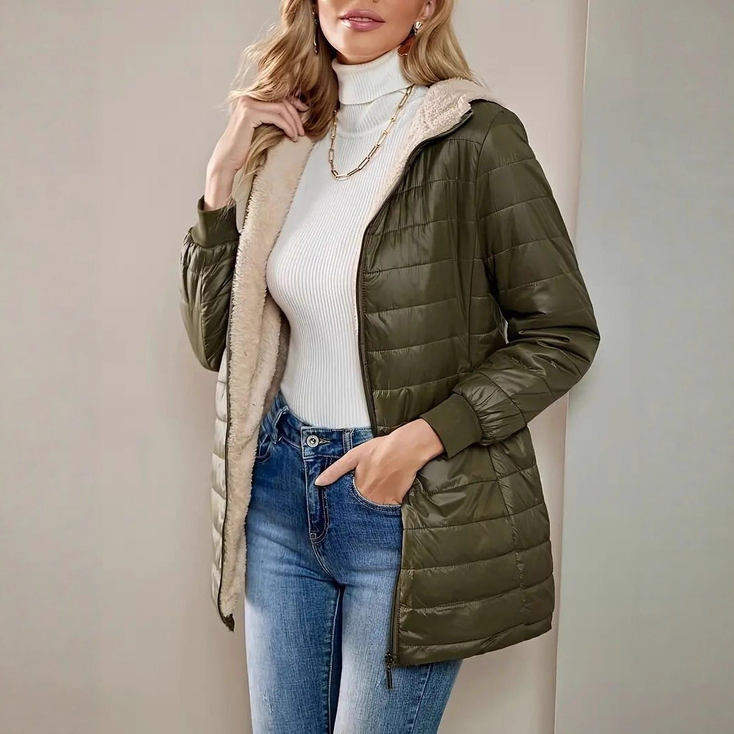 Damen Langer Steppmantel mit Teddyfutter und Kapuze EB