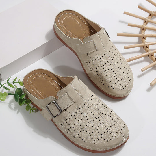 Damen Perforierte Komfort-Mules mit Zierlochmuster, verstellbarem Schnallenriemen und gepolstertem Fußbett EB