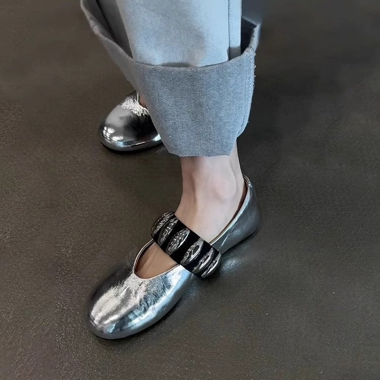 Damen komfortable Ballerinas mit glänzender Oberfläche und dekorativem Riemen EB