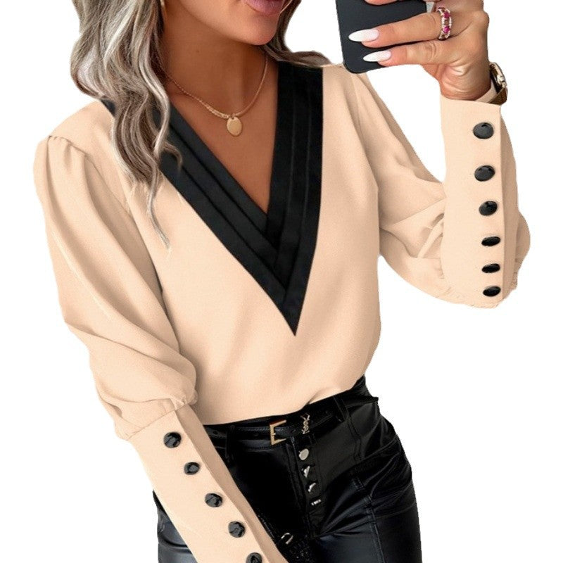 Damen Bluse mit V-Ausschnitt und eleganten Puffärmeln EB