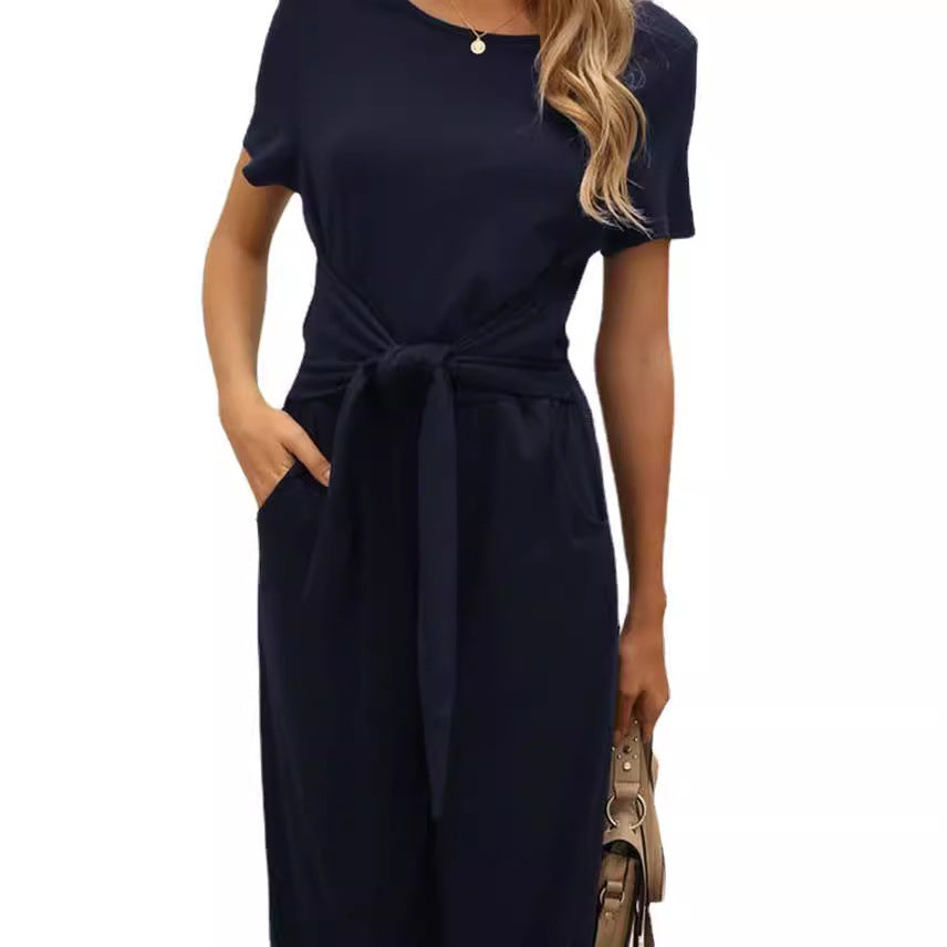 Damen Jumpsuit mit Bindegürtel und weitem Bein EB
