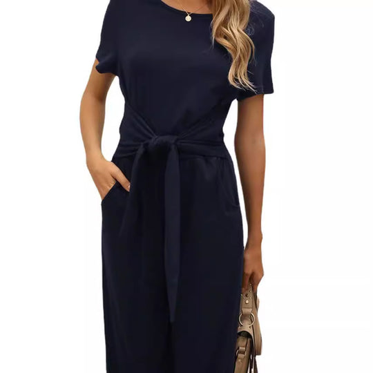 Damen Jumpsuit mit Bindegürtel und weitem Bein EB