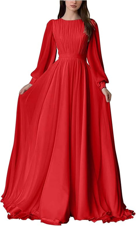 Damen Maxi-Party Kleid mit langen fließenden Ärmeln und Spitzenakzenten EB