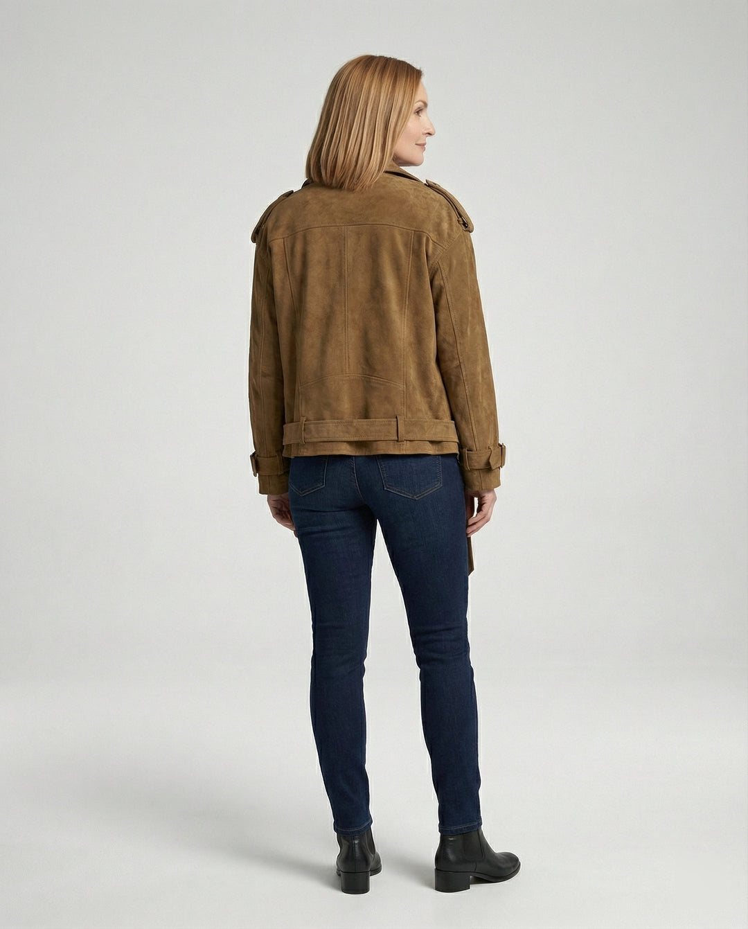 Damen weit geschnittene Velours-Bikerjacke mit asymmetrischem Reißverschluss Taillengürtel und verstellbaren Manschetten EB