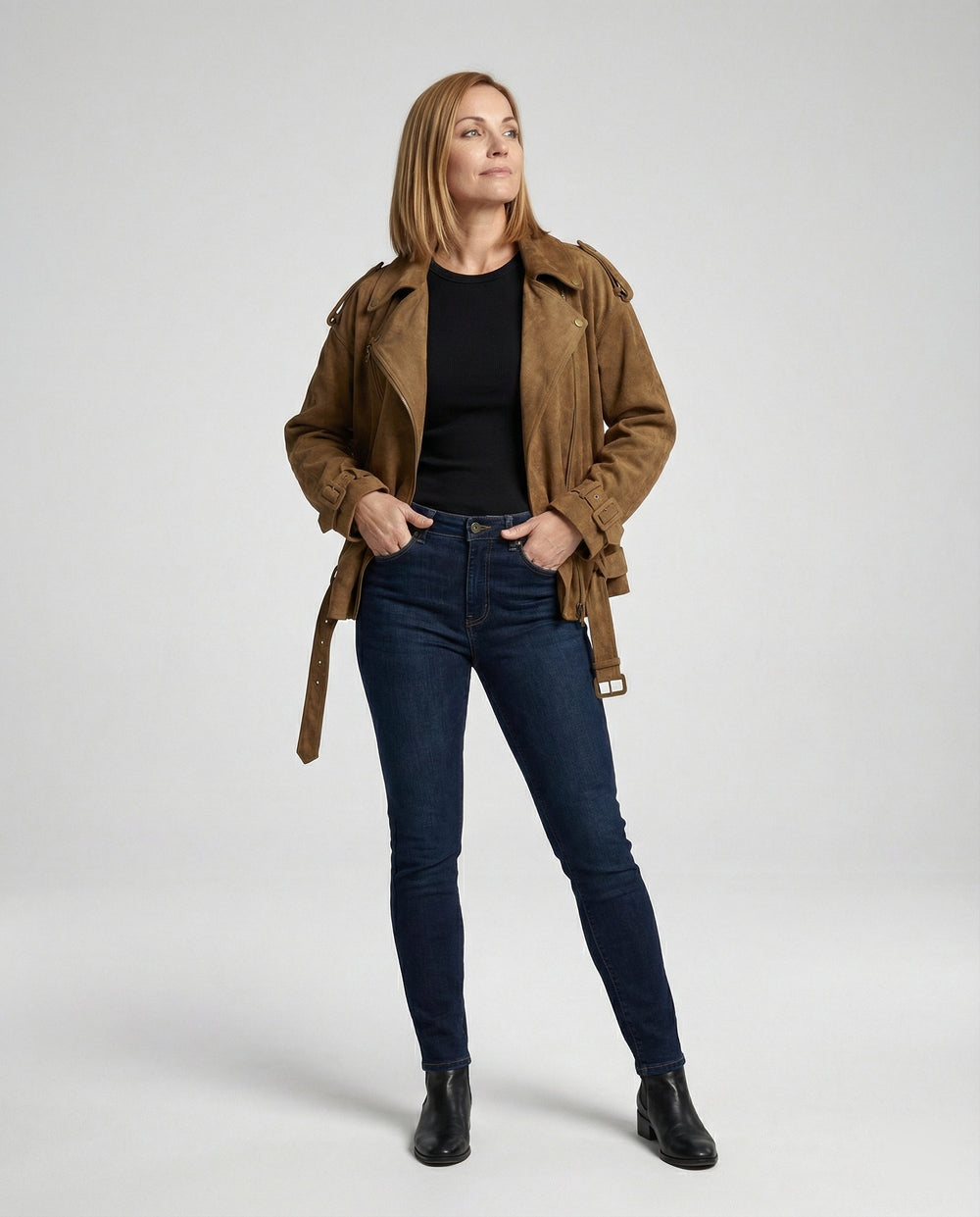 Damen weit geschnittene Velours-Bikerjacke mit asymmetrischem Reißverschluss Taillengürtel und verstellbaren Manschetten EB