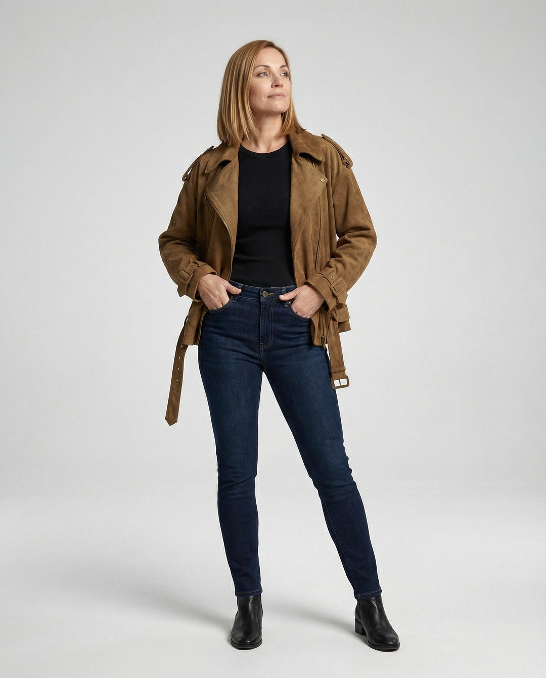Damen weit geschnittene Velours-Bikerjacke mit asymmetrischem Reißverschluss Taillengürtel und verstellbaren Manschetten EB