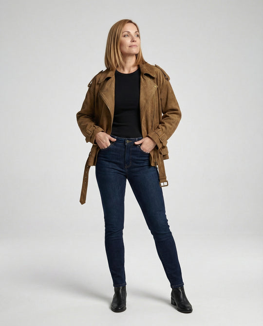 Damen weit geschnittene Velours-Bikerjacke mit asymmetrischem Reißverschluss Taillengürtel und verstellbaren Manschetten EB