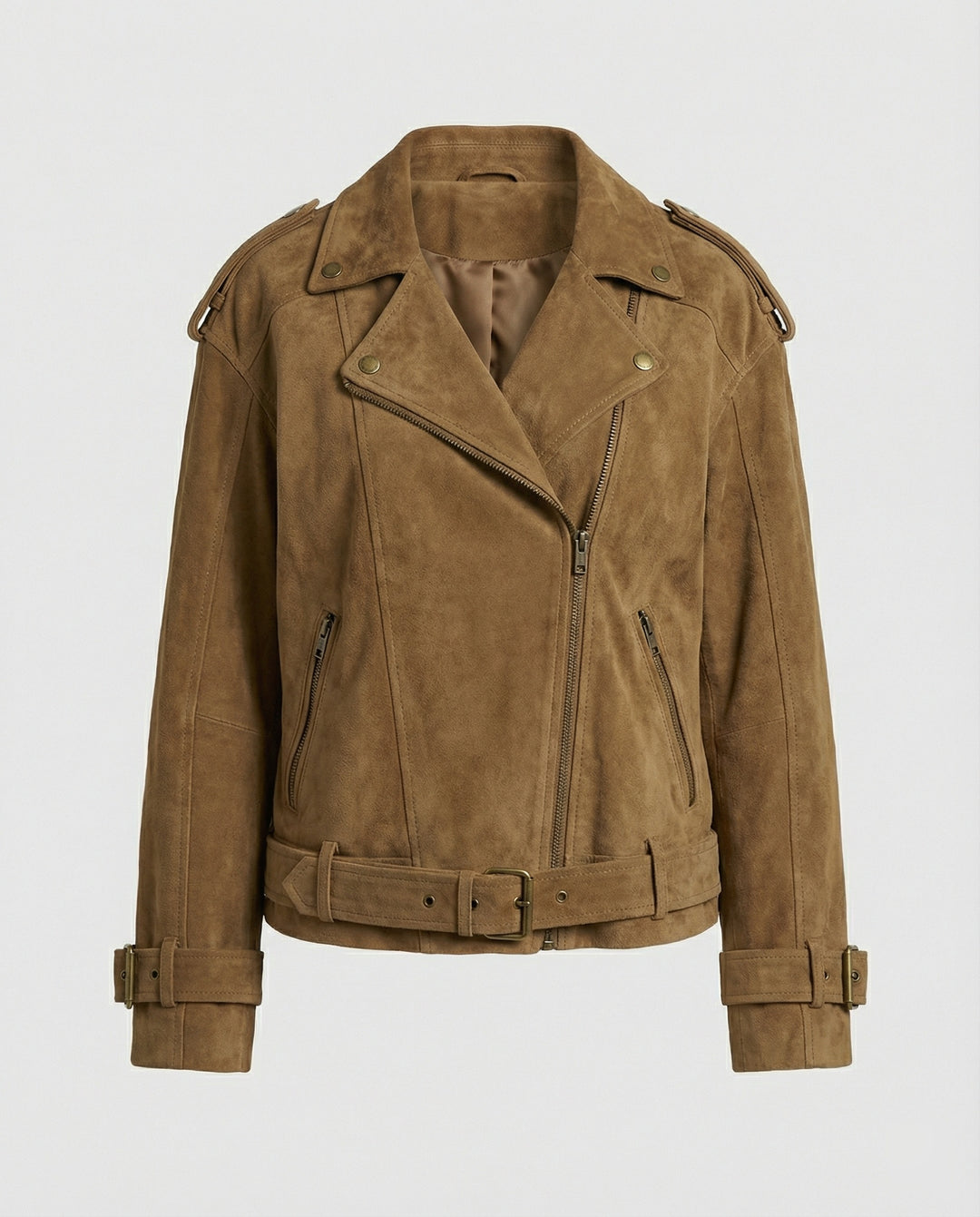 Damen weit geschnittene Velours-Bikerjacke mit asymmetrischem Reißverschluss Taillengürtel und verstellbaren Manschetten EB