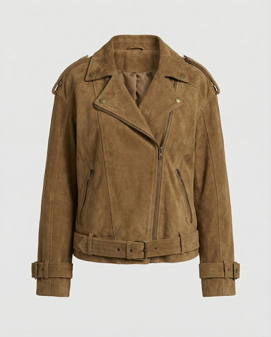 Damen weit geschnittene Velours-Bikerjacke mit asymmetrischem Reißverschluss Taillengürtel und verstellbaren Manschetten EB