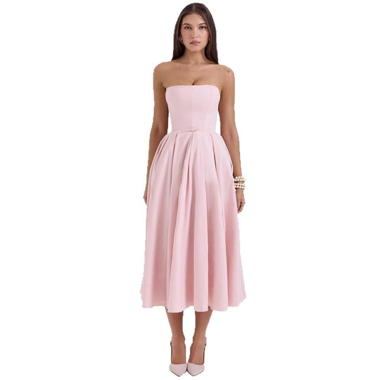 Damen Maxikleid mit schulterfreiem Design und voluminösem Saum EB